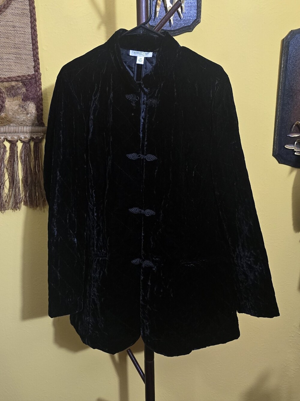 Coldwater Creek 90s/Y2K Black Velvet Frog-Button Pea Coat Sz 2X